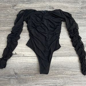 Sexy mesh sleeved off the shoulder bodysuit